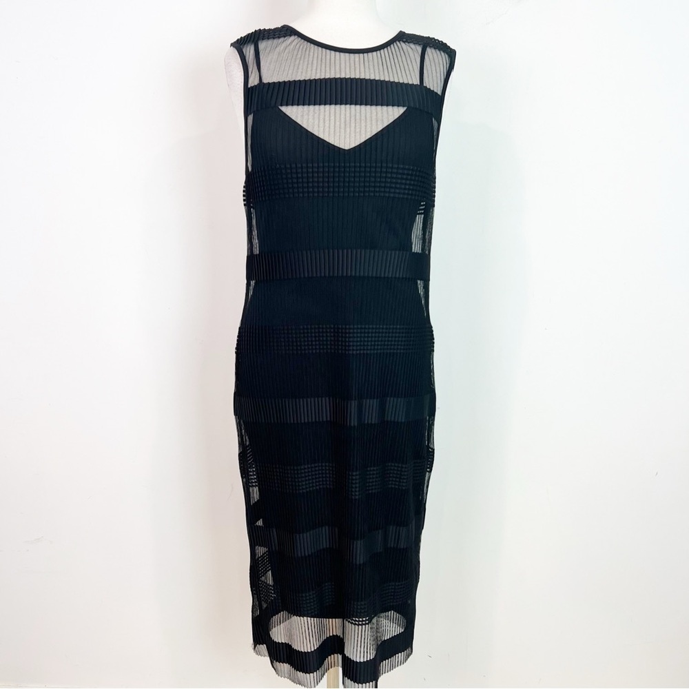 H&M BLACK MESH OVERLAY DRESS WITH TEXTURED STRIPE PATTERN HOLIDAY COCKTAIL SMALL
